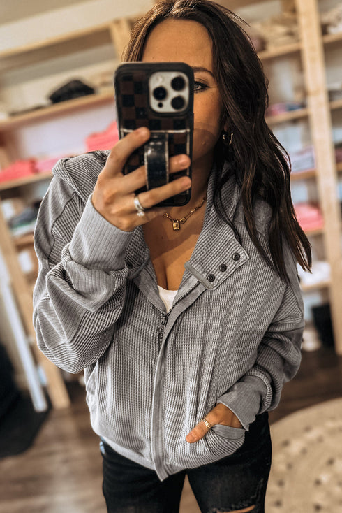Waffle Knit Zip Front Snap Placket Hooded Patchwork Drop Shoulder Jacket